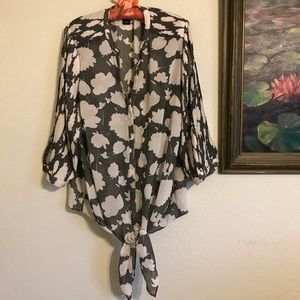 Floral Tie Blouse With Pleated Sleeves